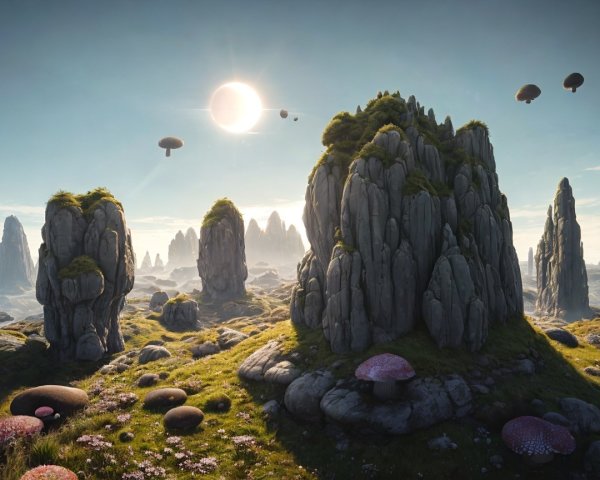 Surreal Landscape with Rocky Formations and Mushrooms