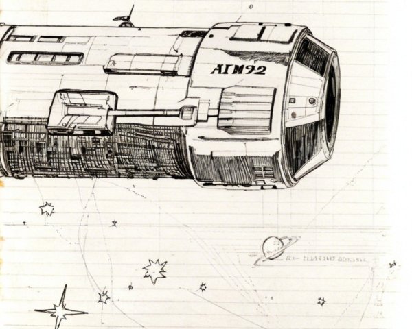 Futuristic spacecraft sketch on lined notebook paper