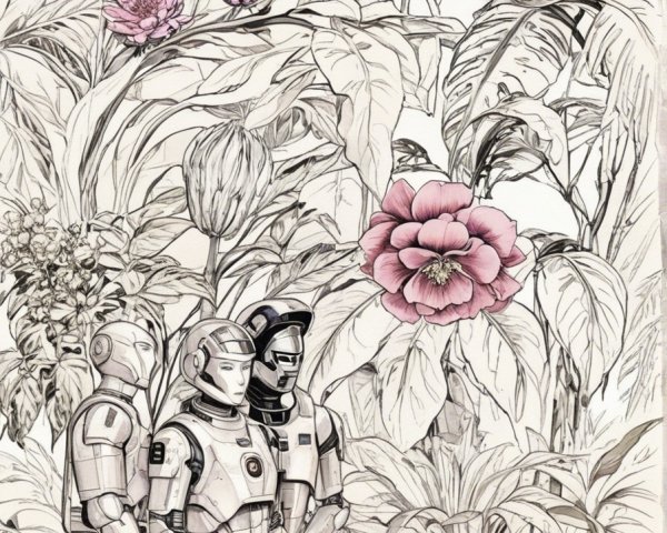 Humanoid Robots in a Botanical Landscape with Flowers