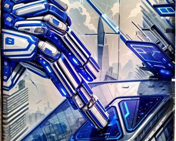 Futuristic Robotic Hand with High-Tech Tablet in Cityscape