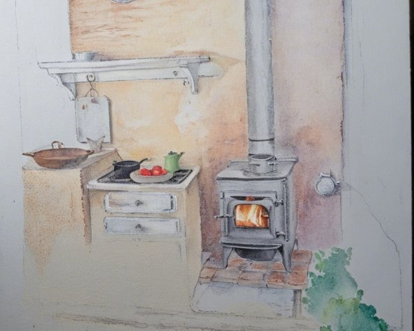 Cozy Kitchen Scene with Rustic Stove and Fresh Produce