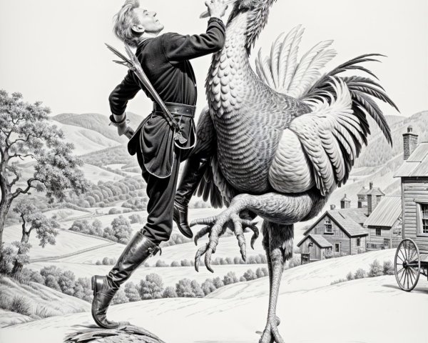 Surreal Artwork of Man and Giant Rooster Confrontation