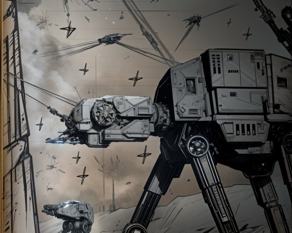 Futuristic Battlefield with Mechs and Aerial Combat