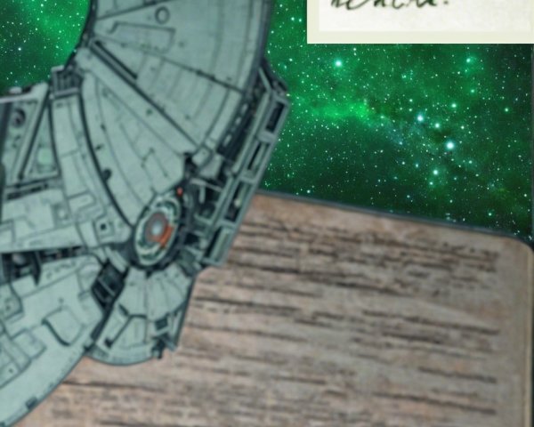 Futuristic spacecraft and ancient book in a nebula