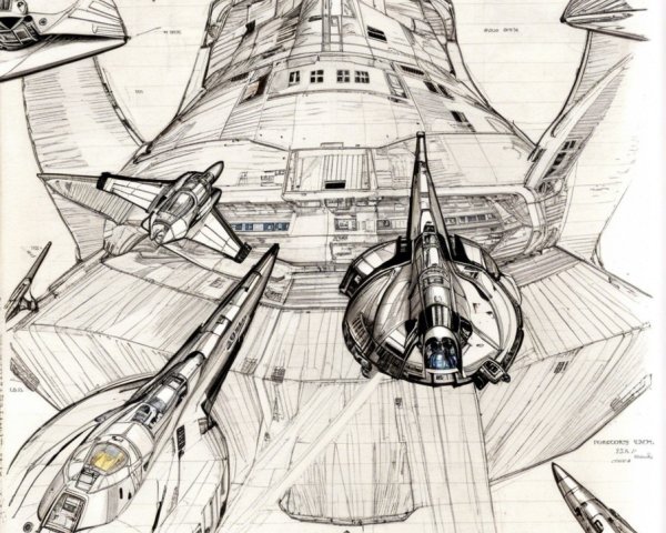 Futuristic Spacecraft Sketch with Celestial Background