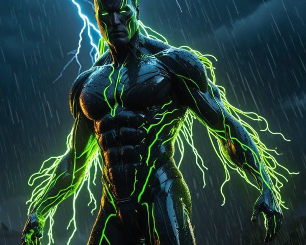 Futuristic superhero in storm with electric green energy