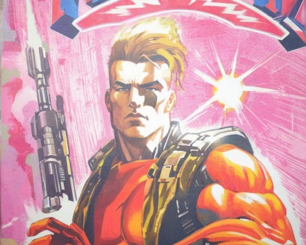 Comic Book Cover of Muscular Armored Hero with Weapon