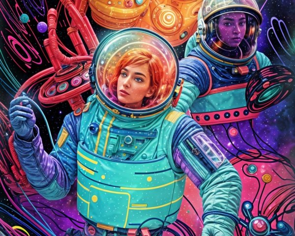 Female Astronauts in Colorful Suits in Psychedelic Space
