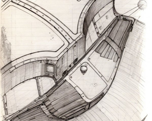 Intricately Designed Spacecraft Pencil Sketches