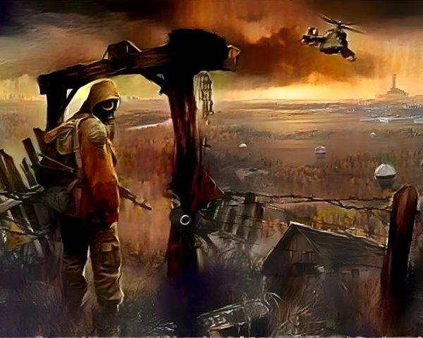 Desolate Landscape with Gas Masked Figure and Ruins