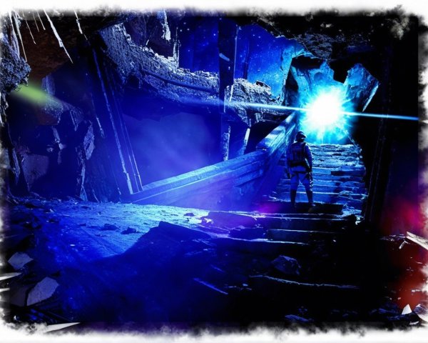 Lone Figure at Crumbling Staircase with Blue Light