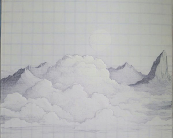 Pencil Drawing of Mountains and Tranquil Sea Landscape