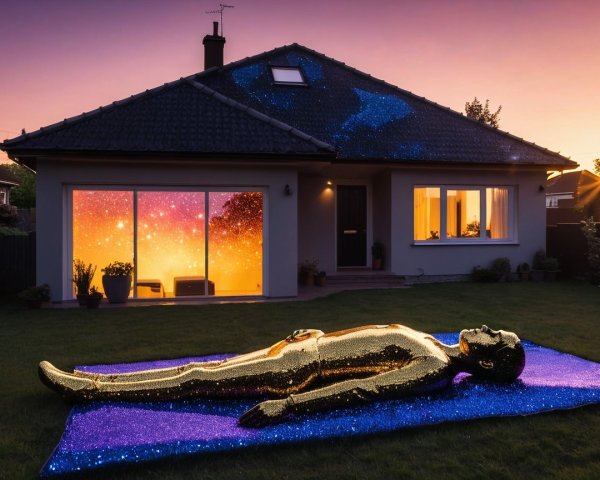 Modern House at Sunset with Cosmic Views and Golden Figure