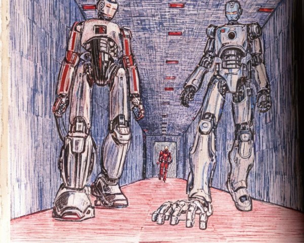 Futuristic Corridor with Humanoid Robots and Textured Walls