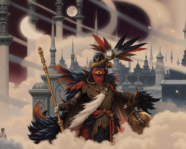 Majestic Bird Figure in Fantastical Skyline Scene