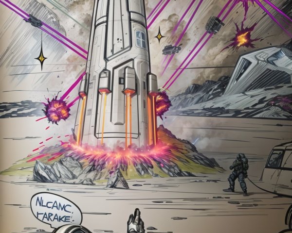 Futuristic astronaut scene with rocket launch details