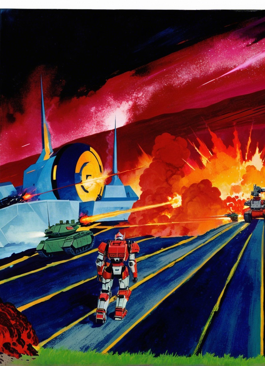 Vibrant Sci-Fi Scene with Robot and Explosions