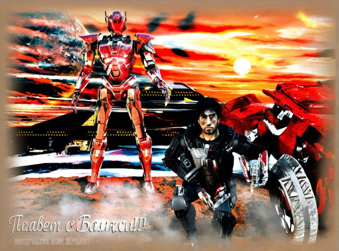 Dynamic Sci-Fi Scene with Robotic Figure and Sunset