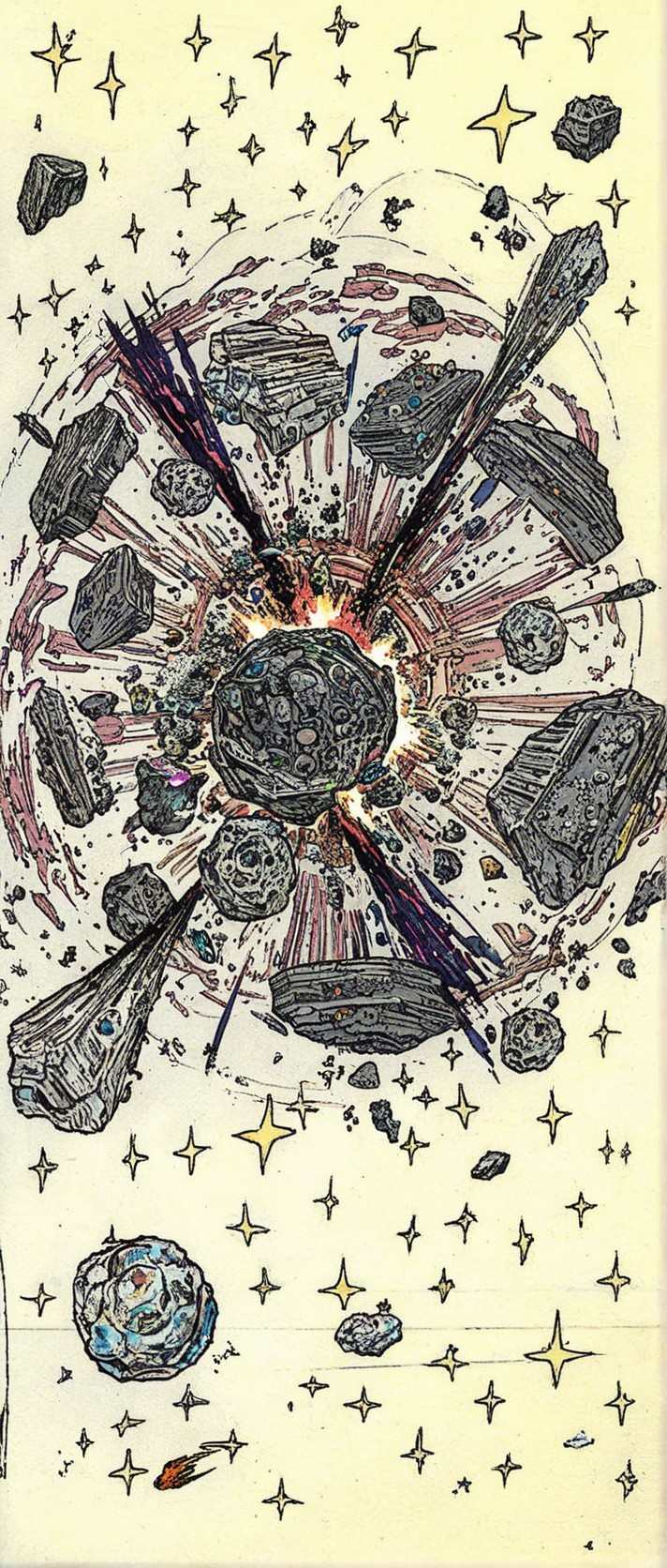 Cosmic Explosion with Asteroids and Vibrant Colors