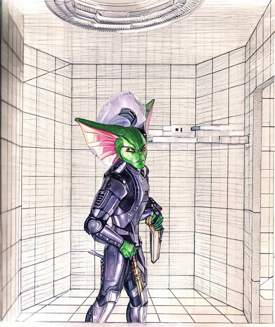 Futuristic character in metallic suit with knife in hand