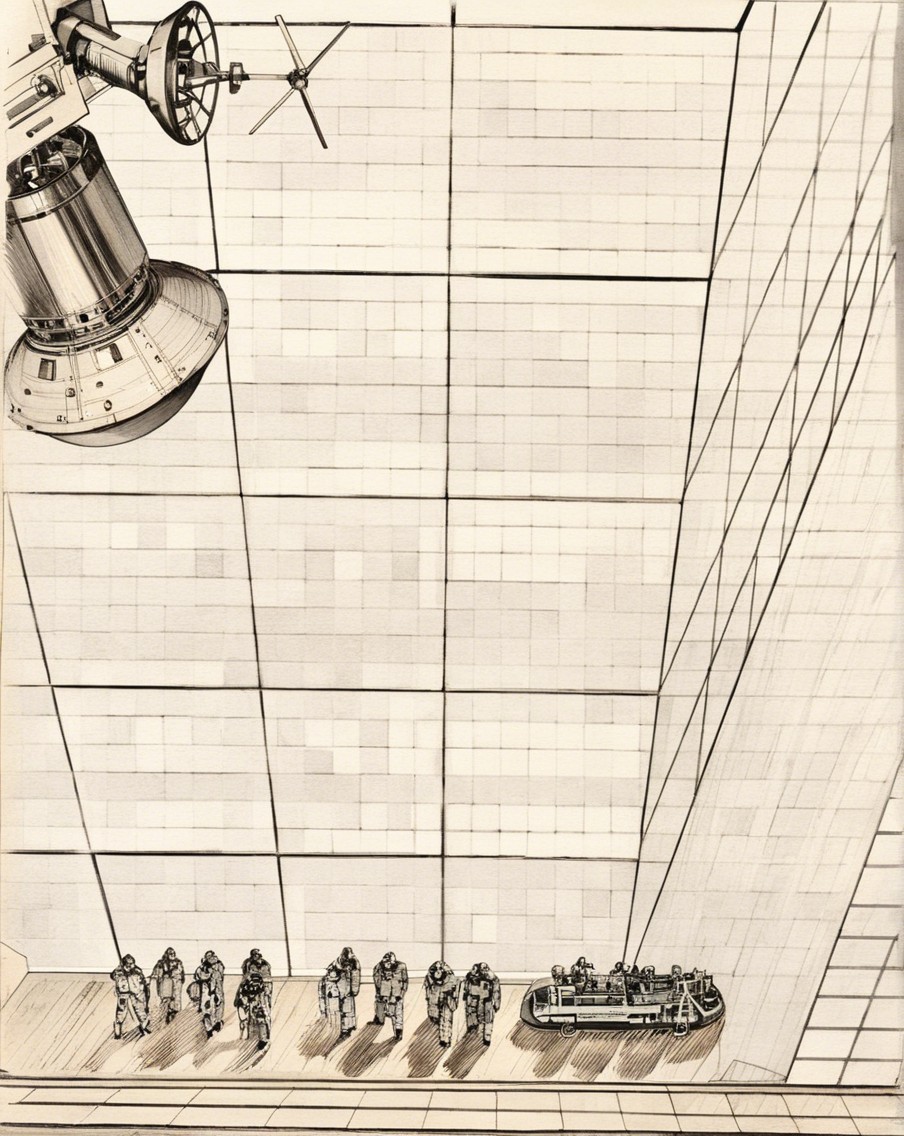 Futuristic Minimalist Scene with Figures and Spacecraft