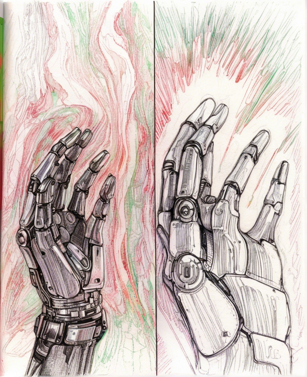 Detailed Sketch of Two Robotic Hands with Patterns
