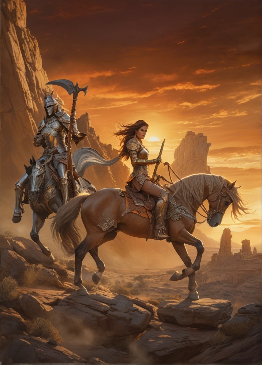 Knight and Female Warrior in Rugged Sunset Landscape