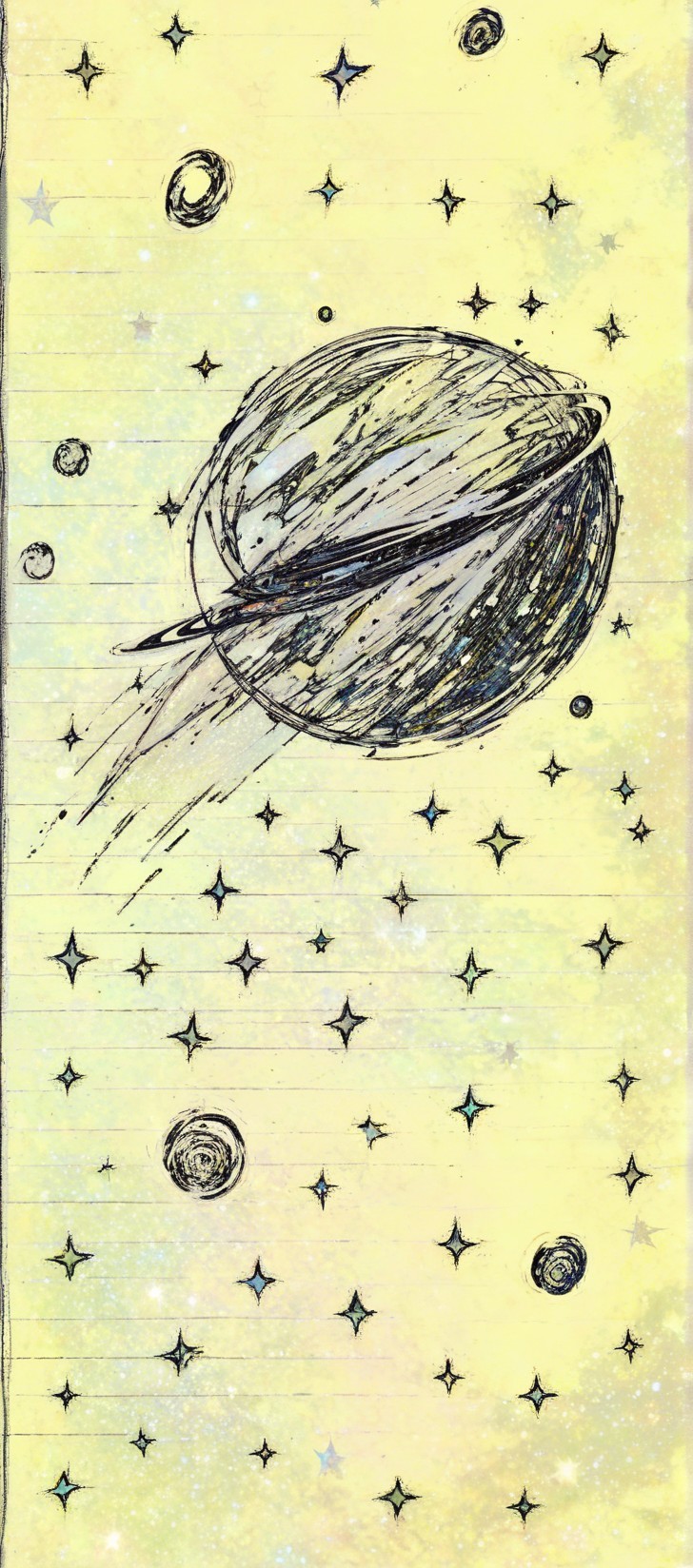 Whimsical Planet with Rings and Stars on Yellow Background
