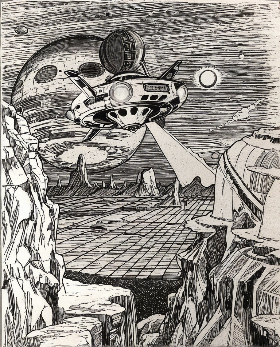 Futuristic Spaceship Over Alien Landscape in Black and White