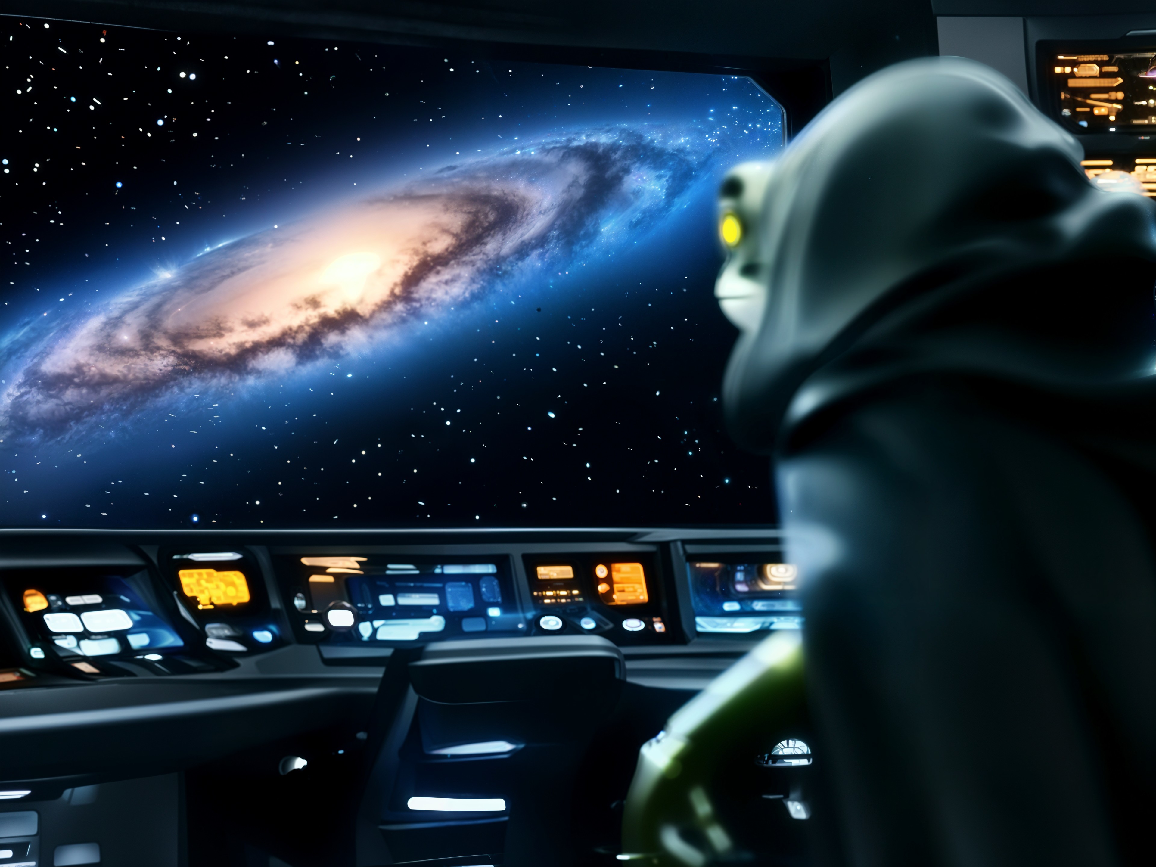 Cloaked Figure in Futuristic Control Room Overlooking Galaxy