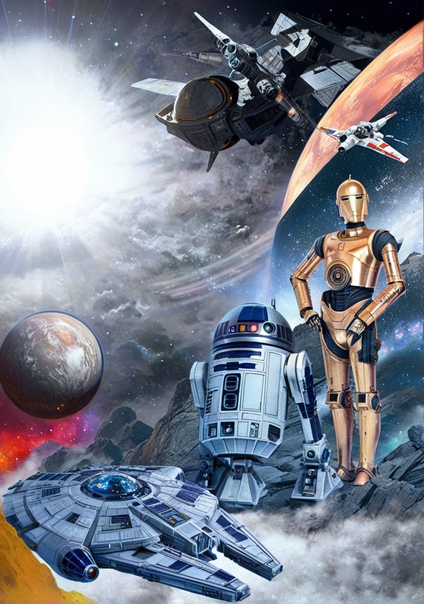 Vibrant Sci-Fi Cosmic Landscape with Robots and Planets