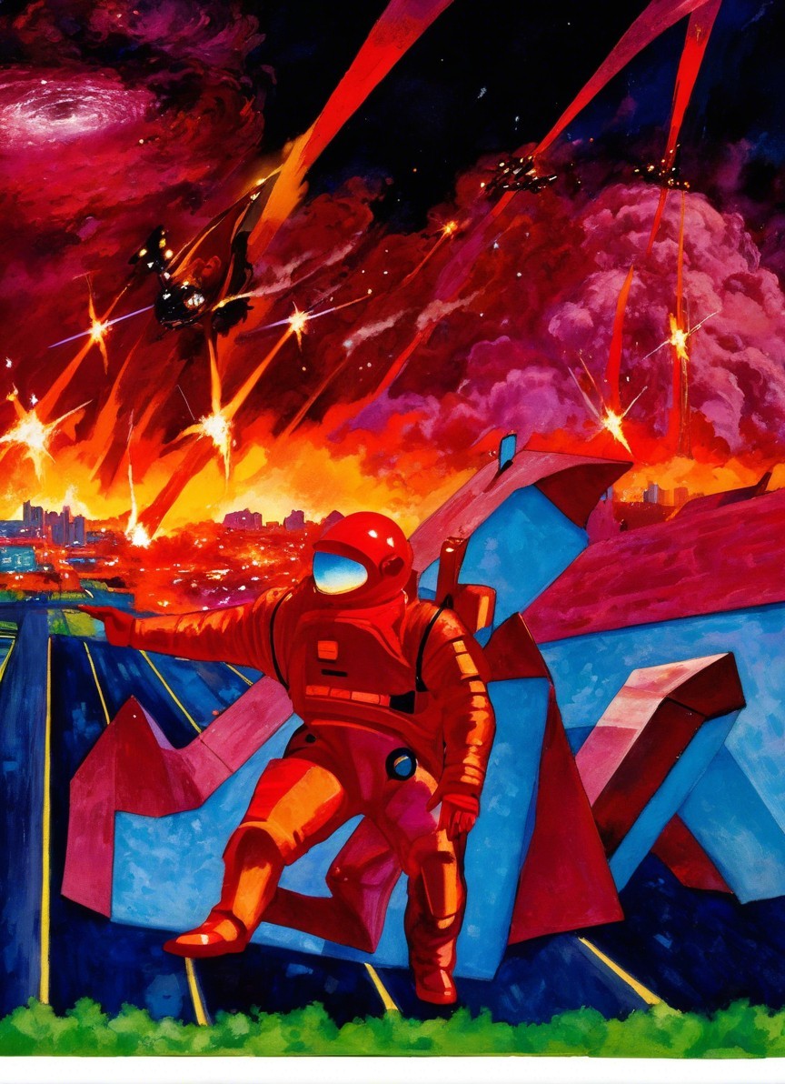 Retro-Futuristic Astronaut Amid Explosions and Cityscape