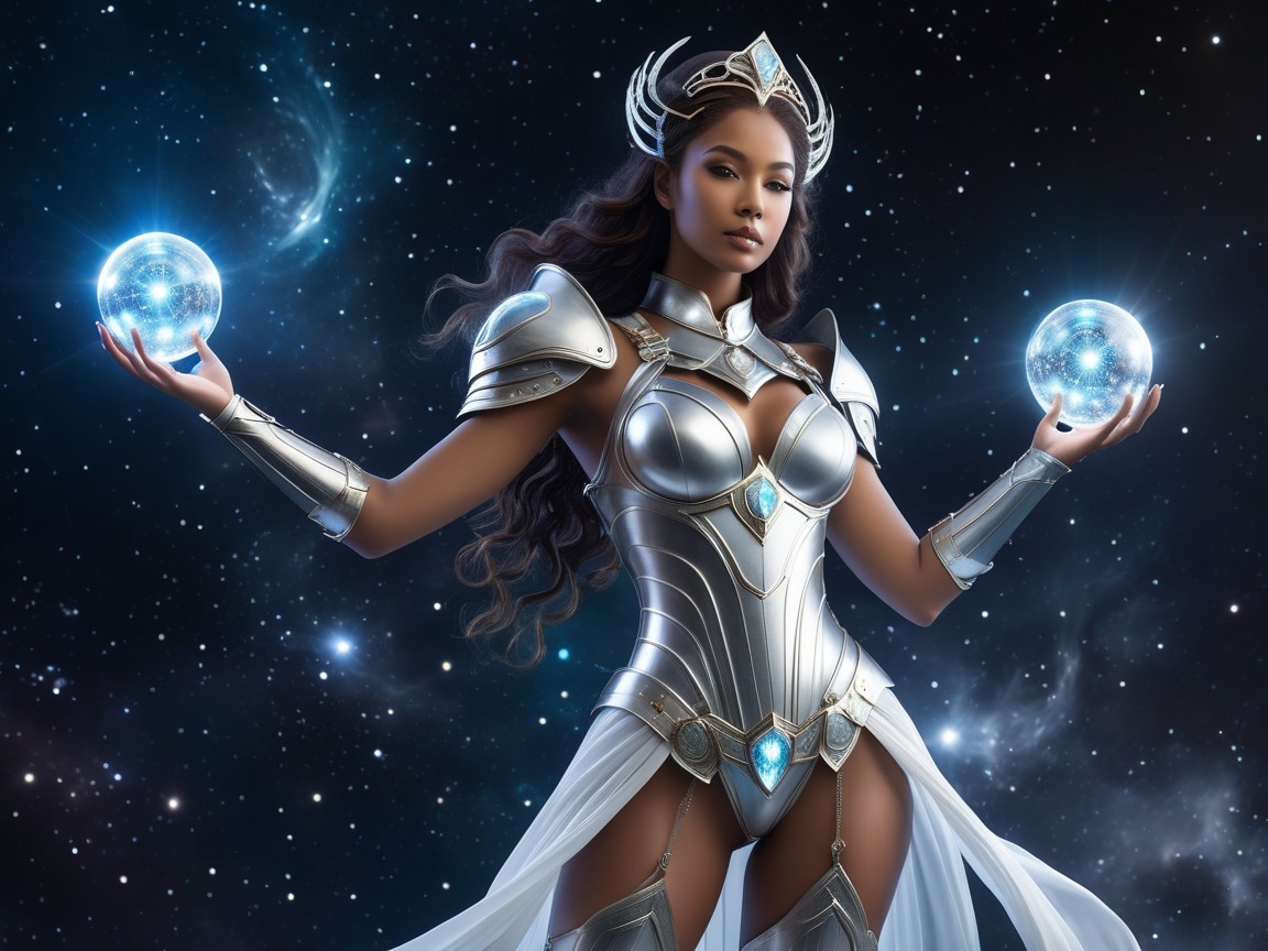 Celestial Warrior in Silver Armor with Cosmic Backdrop