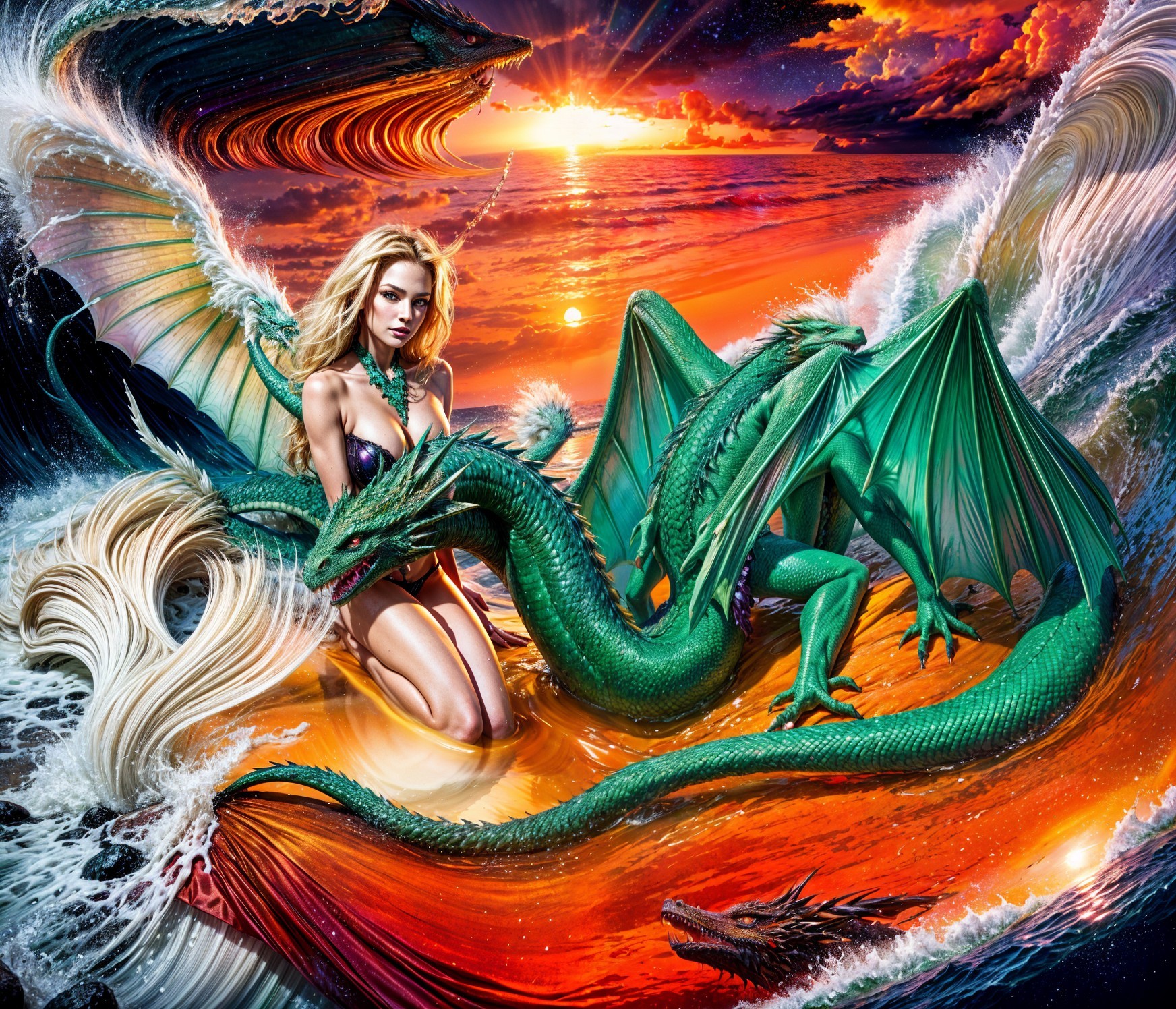Woman in Purple Bikini with Dragons at Sunset Ocean