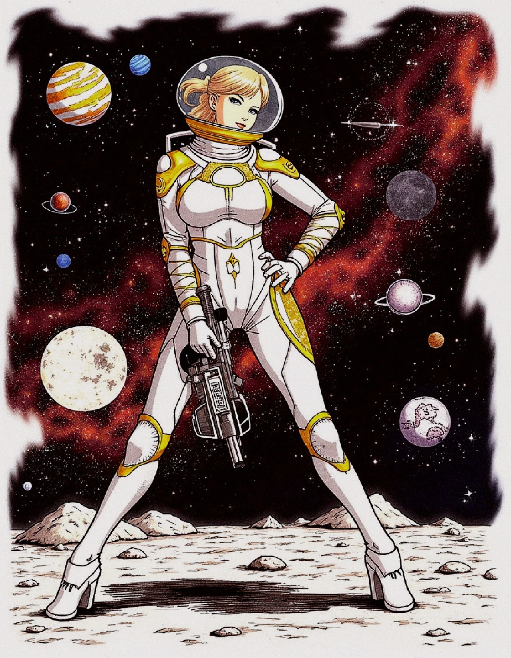 Confident Female Astronaut on Lunar Surface with Galaxy
