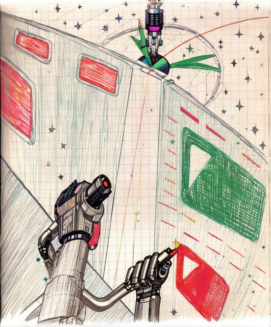 Futuristic Scene with Robots and Colorful Spacecraft