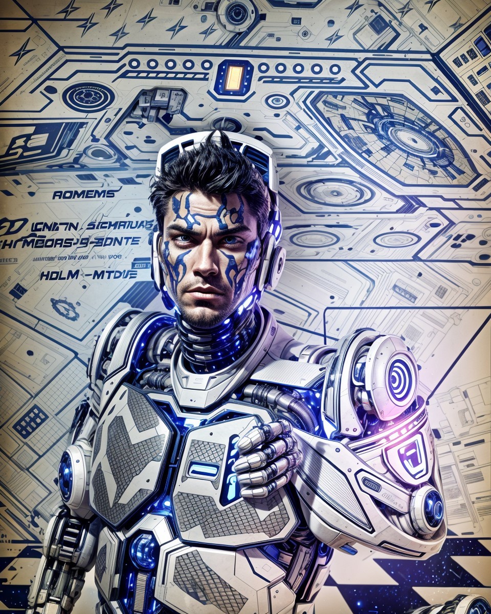 Futuristic figure in metallic suit with high-tech backdrop