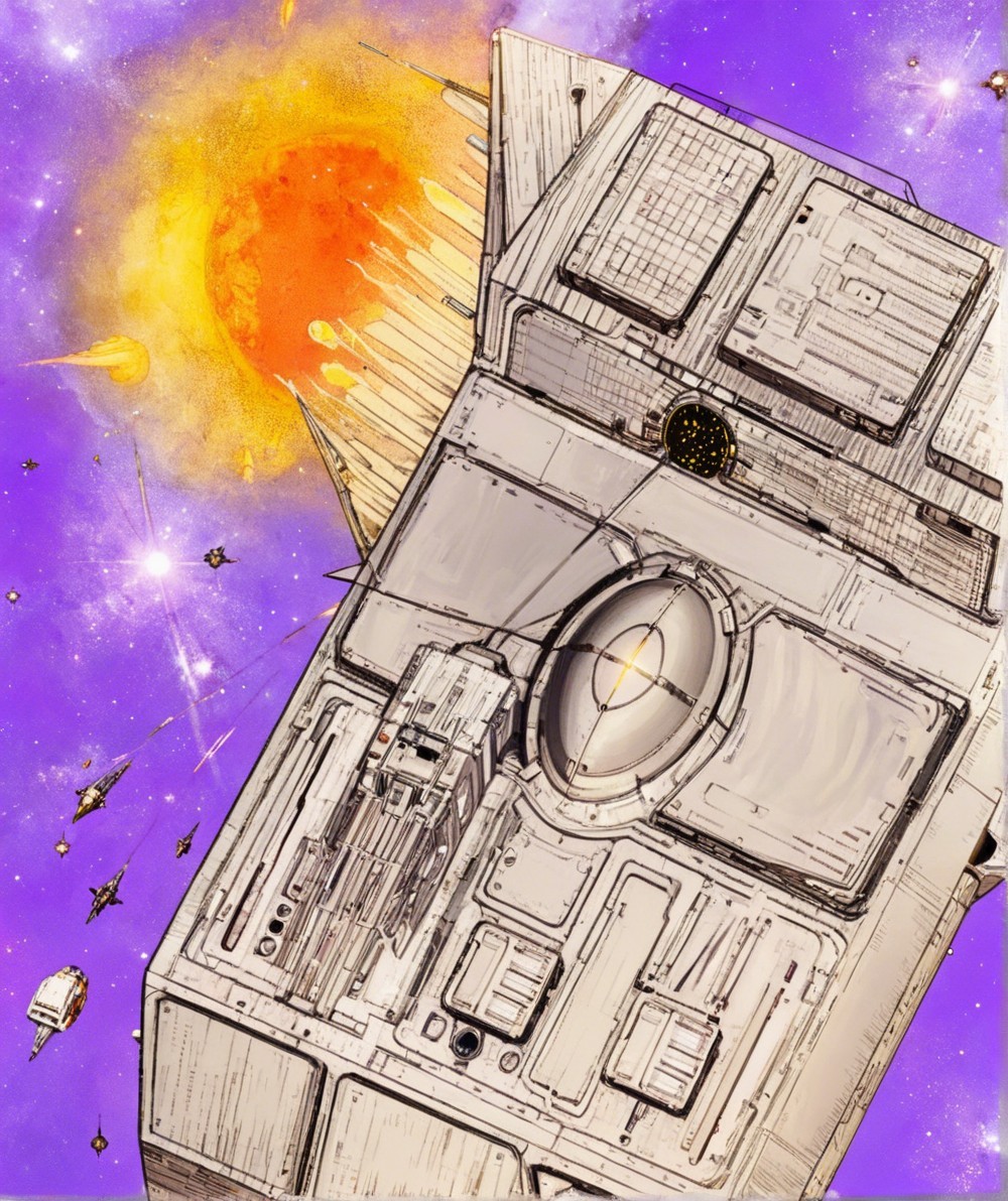 Futuristic spacecraft in vibrant purple cosmic setting