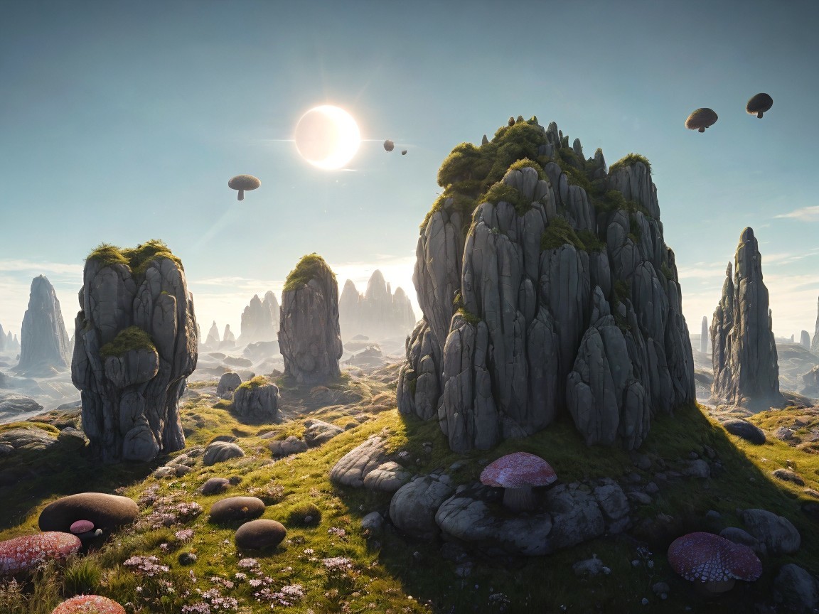 Surreal Landscape with Rocky Formations and Mushrooms