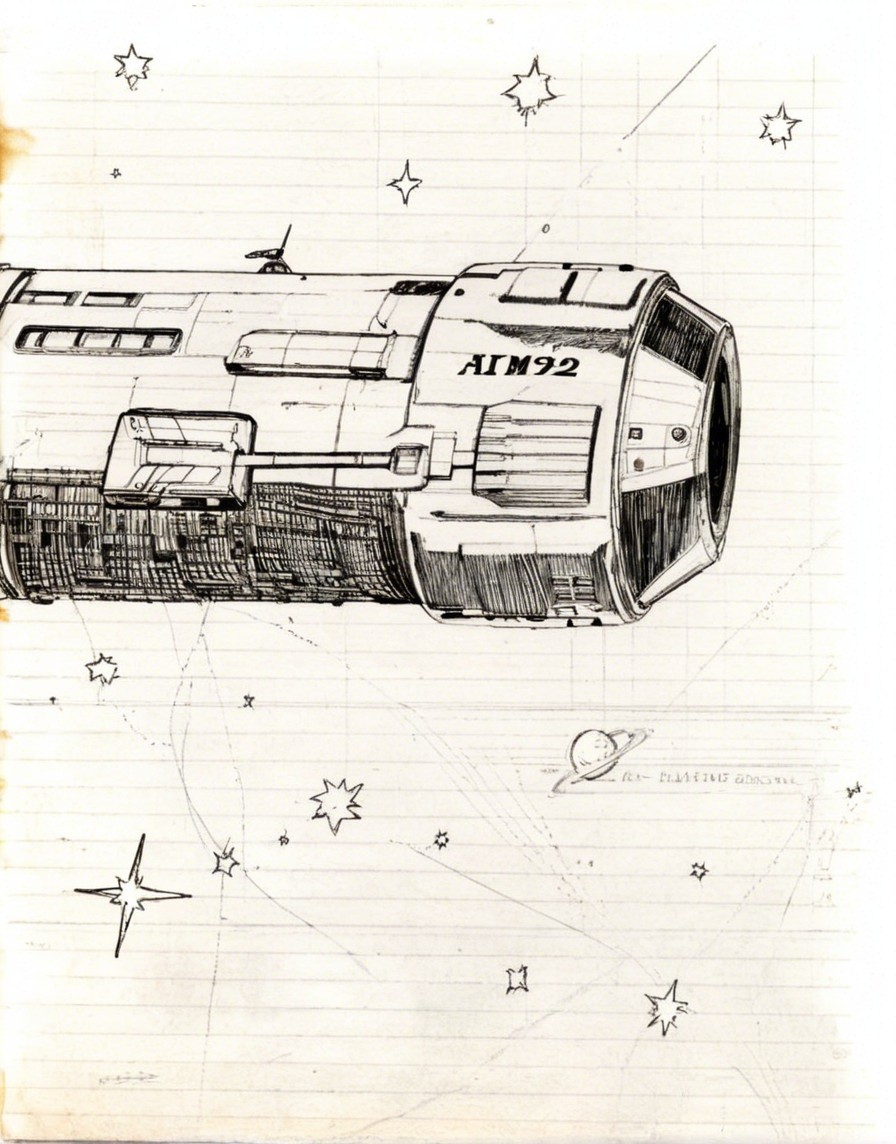 Futuristic spacecraft sketch on lined notebook paper
