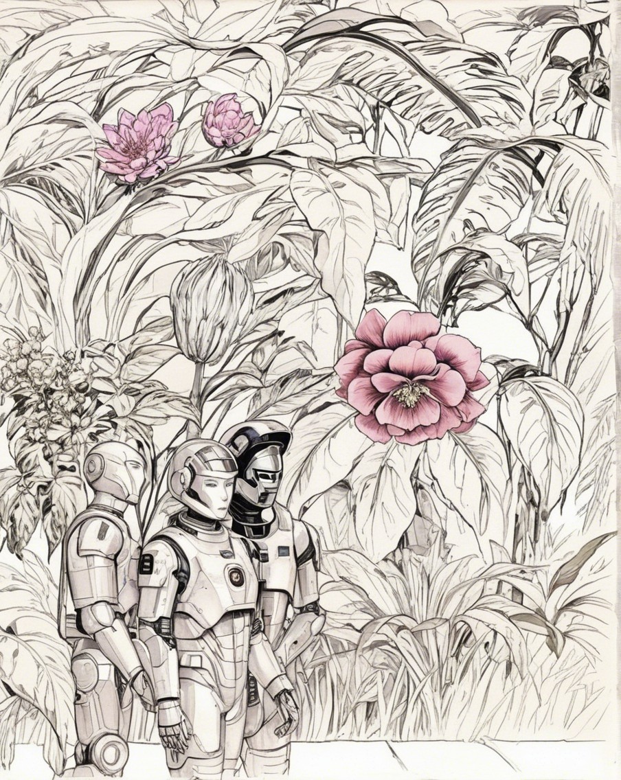 Humanoid Robots in a Botanical Landscape with Flowers