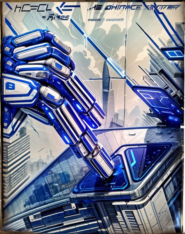Futuristic Robotic Hand with High-Tech Tablet in Cityscape