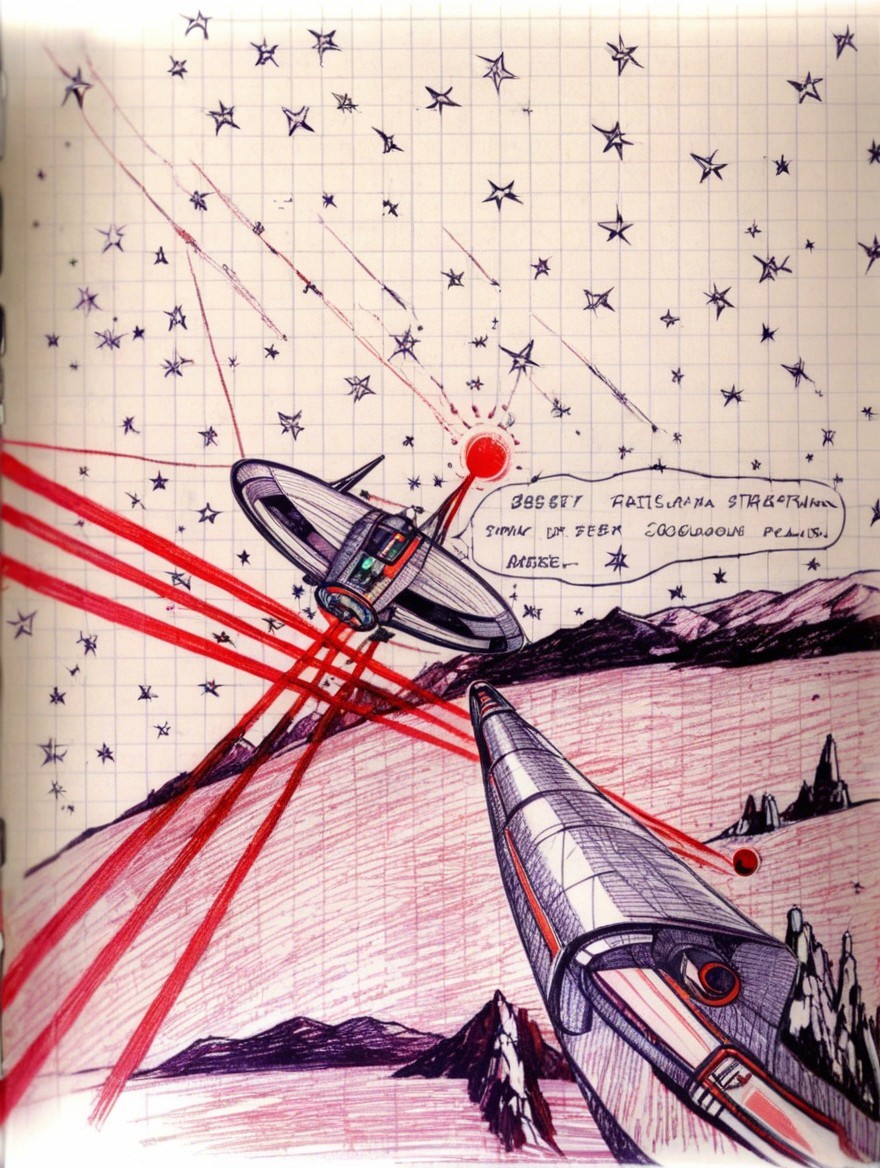 Vibrant Hand-Drawn Sci-Fi Scene with Spaceships