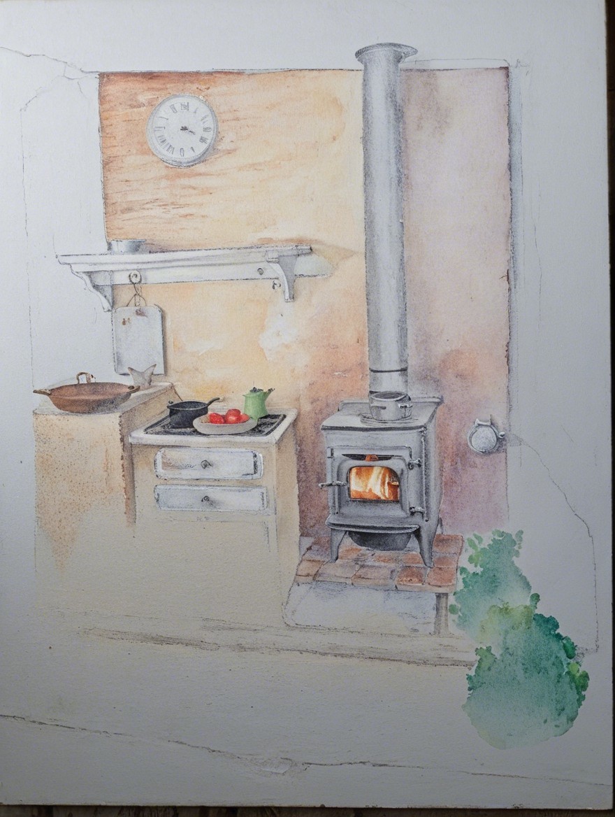 Cozy Kitchen Scene with Rustic Stove and Fresh Produce