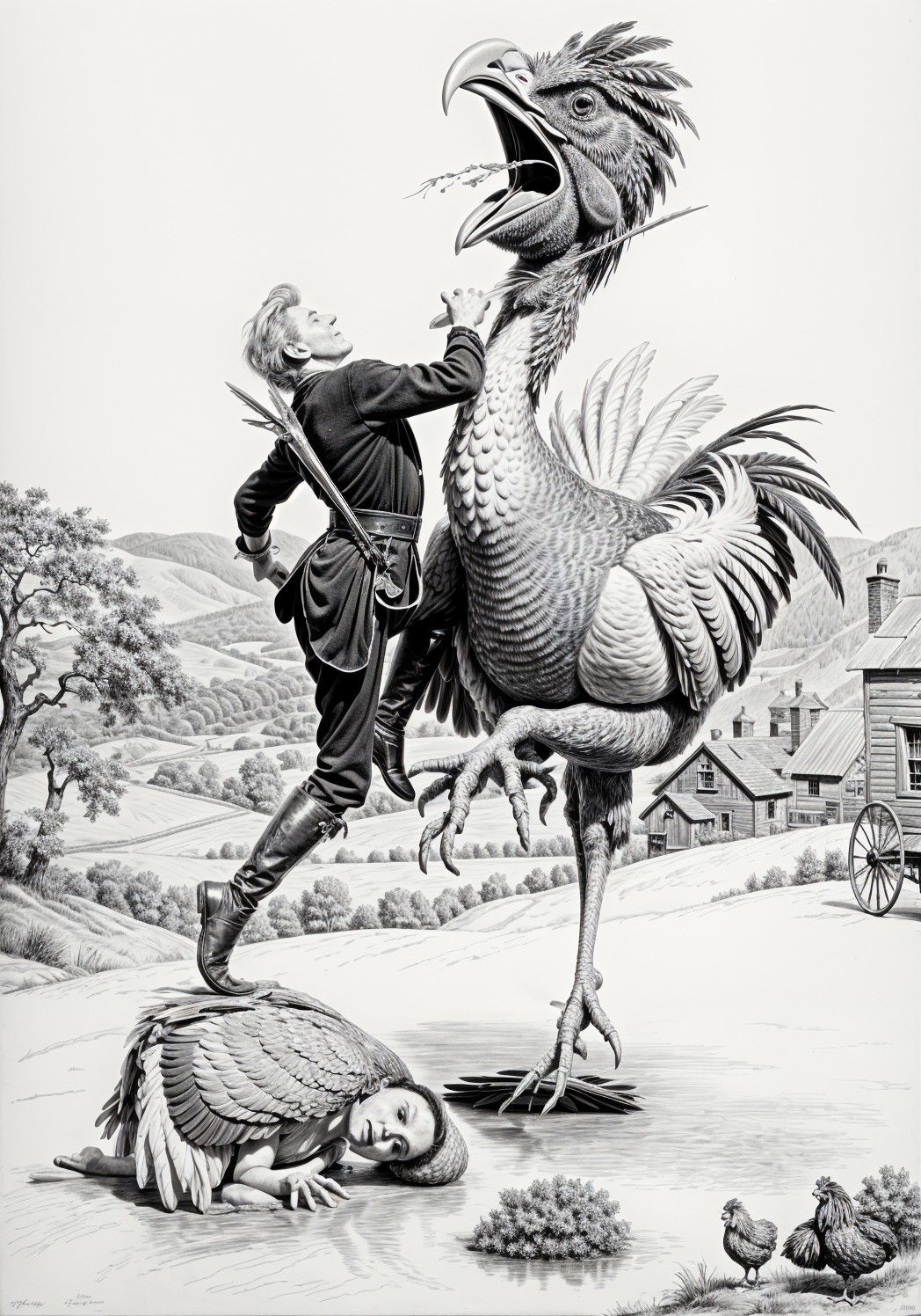 Surreal Artwork of Man and Giant Rooster Confrontation
