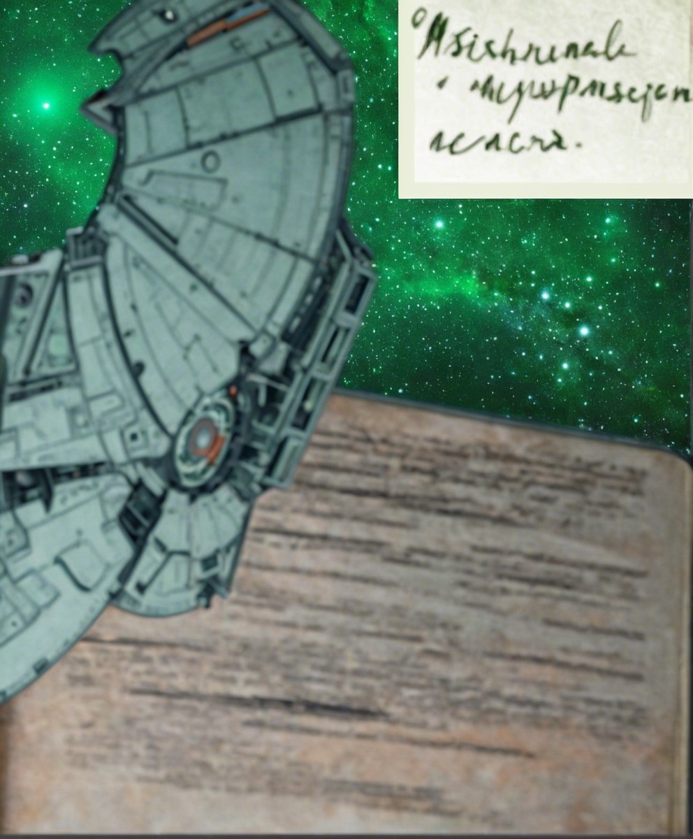 Futuristic spacecraft and ancient book in a nebula