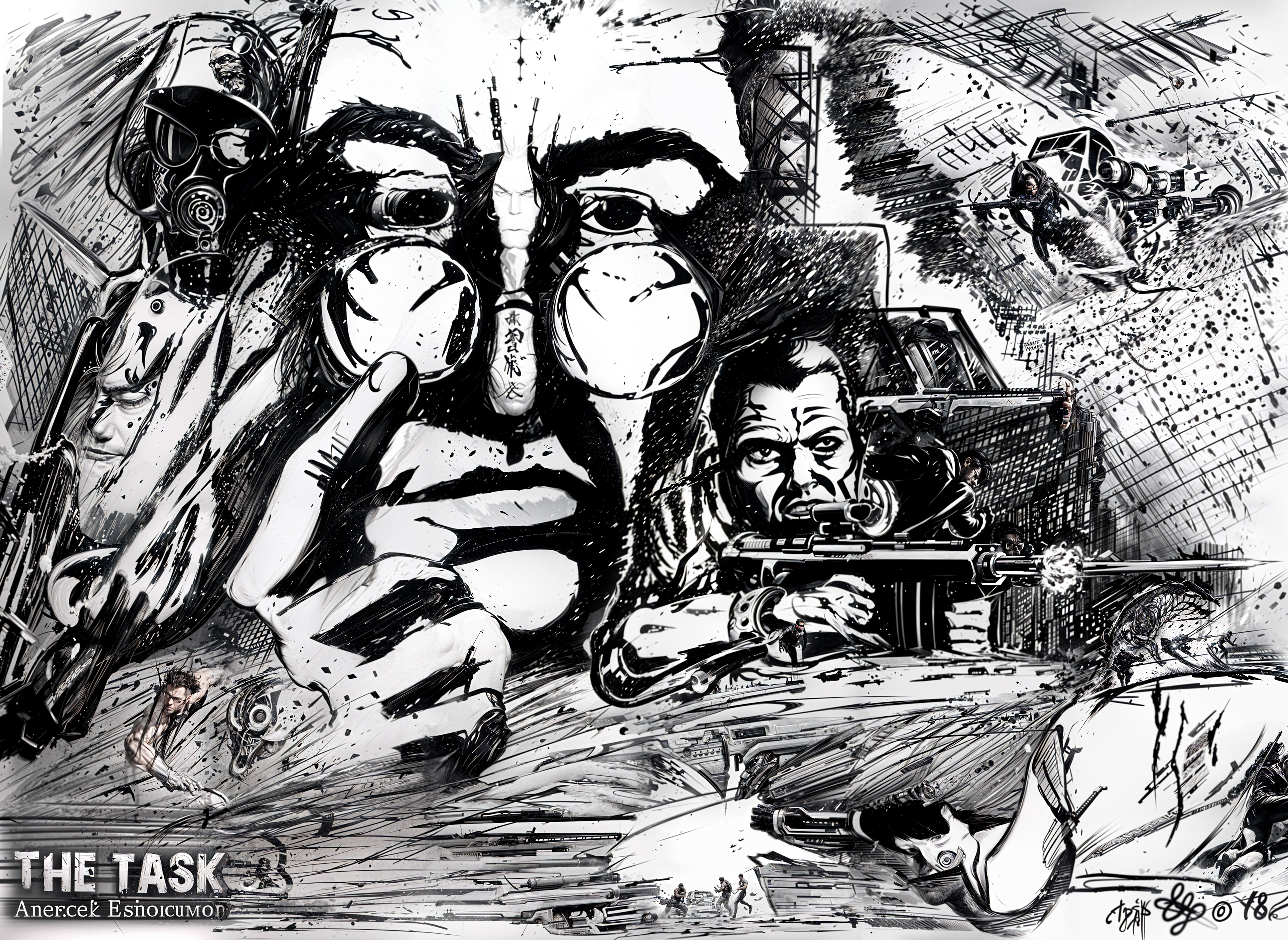 Black and white comic illustration of men in chaos