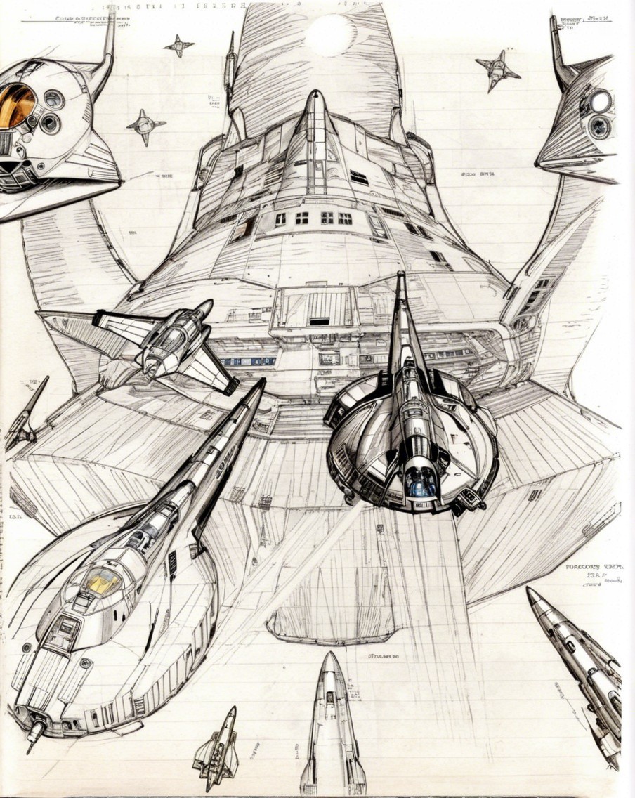 Futuristic Spacecraft Sketch with Celestial Background