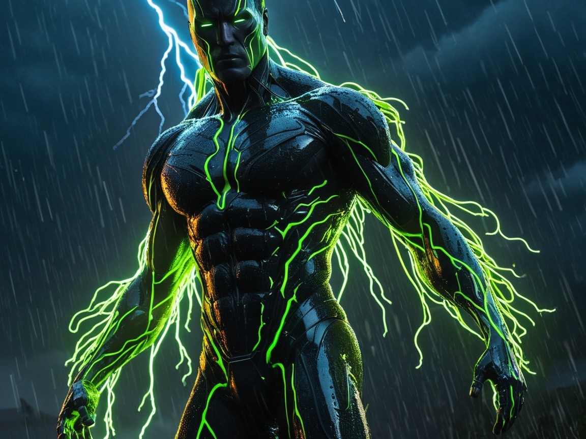 Futuristic superhero in storm with electric green energy