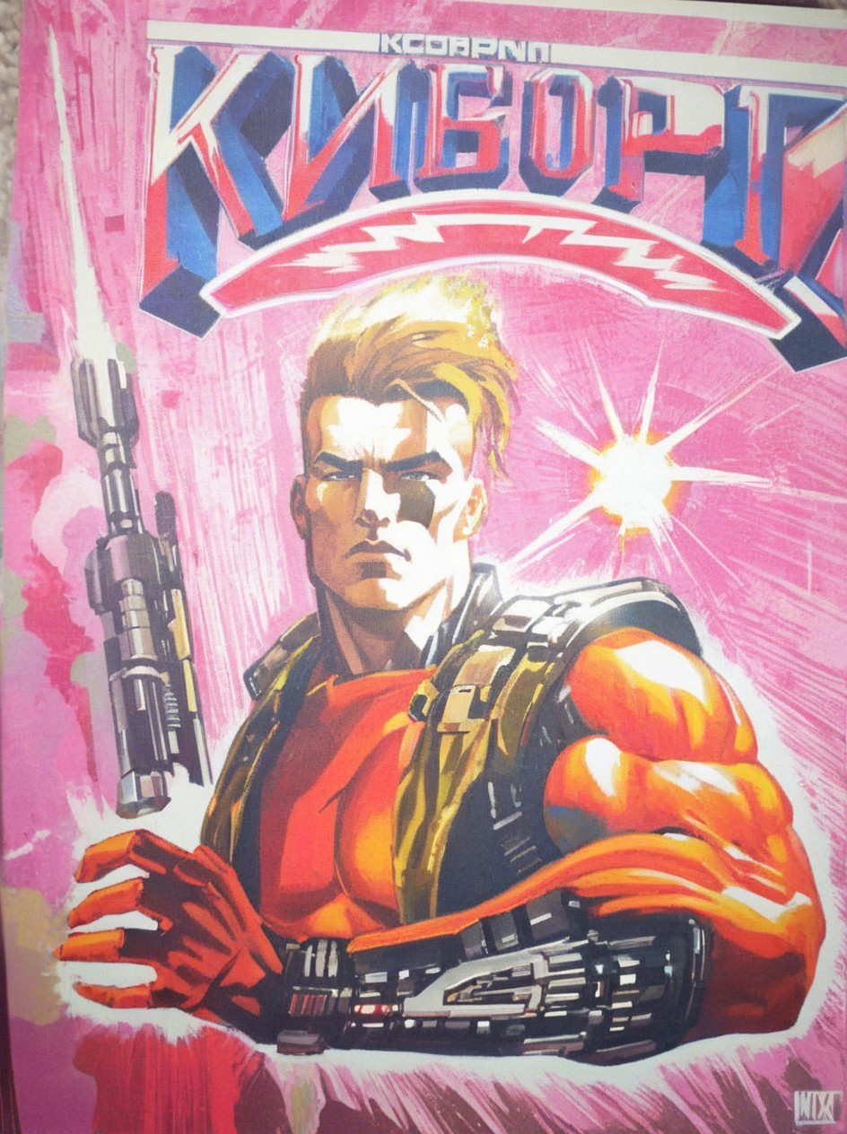 Comic Book Cover of Muscular Armored Hero with Weapon